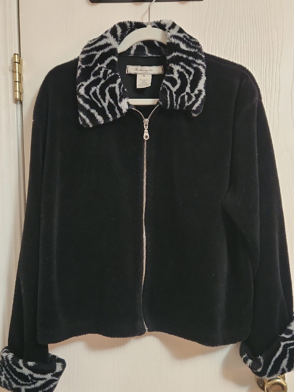 Black Faux Fur Zip Jacket with Zebra-Print Collar and Cuffs